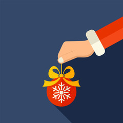 Vector Merry Christmas flat style illustration with hand holding a glass ball. Happy New year background.