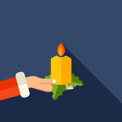 Vector Merry Christmas flat style illustration with hand holding a candle. Happy New year background.