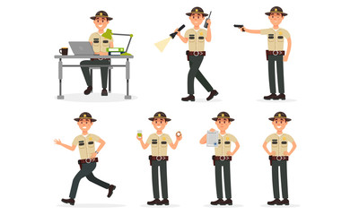 Daily Actions Of Sheriff In Police Department Routine Vector Illustration Set Isolated On White Background