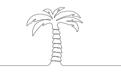 Single palm tree drawing in style of one continuous line black color. Self drawing