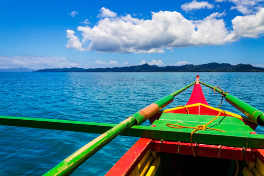 The prow of a banca boat while island hopping in the municipality of Caramoan, Camarines Sur Province, Luzon in the Philippines. Region for many Survivor TV shows filming.