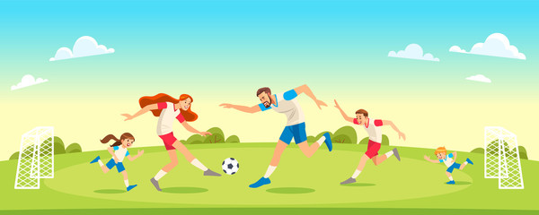 Family Playing Soccer In Park Together. Concept Parenthood child-rearing. Vector illustration.