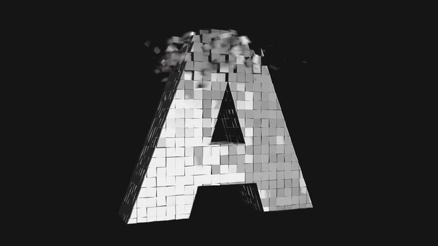 Transformer font - Build and destroy letter A from metallic cubes, 3D letter animation on dark and chroma key green screen background in 4K