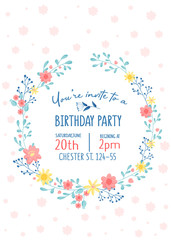 Invitation To Birthday Party With Cute Floral Design In Pastel Colors Vector Illustration