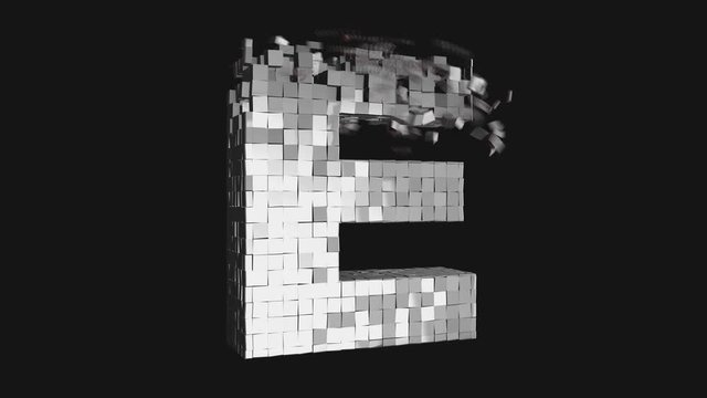 Transformer font - Build and destroy letter E from metallic cubes, 3D letter animation on dark and chroma key green screen background in 4K	