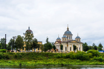The Savior-Transfiguration Cathedral at the embankment of Tvertsa river in Torzhok, Russia.
