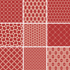 Set of seamless geometric red and white patterns for your designs and backgrpounds. Geometric abstract ornament. Modern ornaments with repeating elements