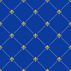 Seamless pattern. Modern geometric ornament with blue background and golden royal lilies. Classic vintage background