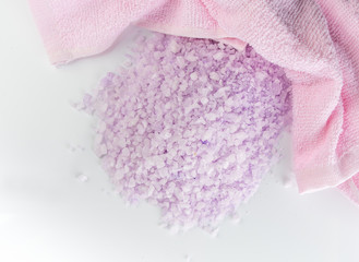 Lavender salt natural spa products and decor for bath on white background
