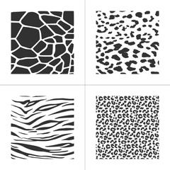 Wildlife animal skin texture print of tiger, leopard, giraffe and zebra. Vector illustration isolated on white background. © CarryLove