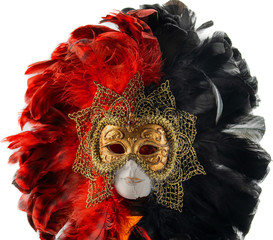 Italian carnival. Venetian red black and gold mask. Mysterious event, party.