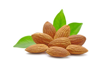 Almonds with green leaves isolated on white background