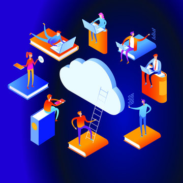 Web library. Technology and literature. Digital ibrary web banner. People interact with digital books. Isometric images. 3d vector illustration.