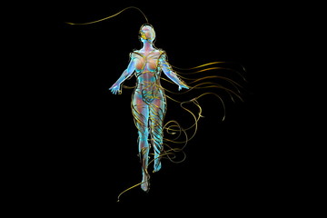 Abstract Flying female figure is wrapped up by branches of magic plant isolated on black background. Halloween 3d illustration
