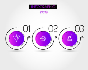 three infographic violet elements with arrow and circle