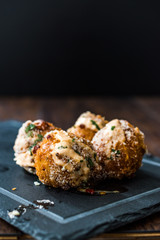 Fried Mac and Cheese Balls with Parmesan Cheese and Mayonnaise / Macaroni Bites.