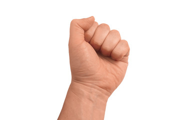 Fist of adult guy. Side view. Gesture of man hand on transparent isolated background. Closeup mockup