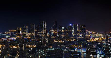 Fototapeta na wymiar Gold Digital Numbers Flying Over The Metropolitan City At Night Time. Business And Economy Related 3D Illustration Render