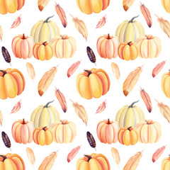 seamless pattern, pumpkins, feathers  on an isolated white background, watercolor painting, hand drawing wallpaper