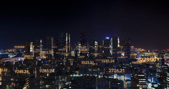 Gold Digital Numbers Flying Over The Metropolitan City At Night Time. Business And Economy Related 3D Illustration Render