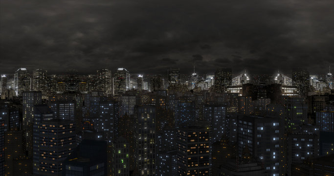 Calm Crowded Metropolitan City Aerial Camera Flight At Night Time. 3D Illustration Render