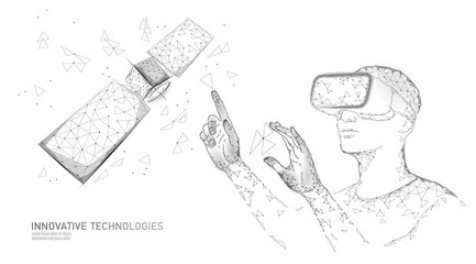 Telecommunication defense satellite 3D in space. Orbital sputnik receiver military security virtual reality engineering. Worldwide protection tracking VR glasses vector illustration