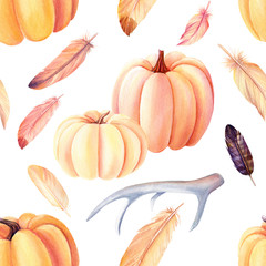 seamless pattern, pumpkins, feathers  on an isolated white background, watercolor painting, hand drawing wallpaper