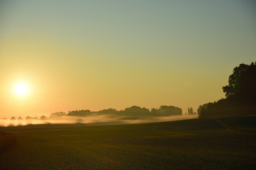 Fototapeta na wymiar Landscape shot of a sunrise with morning fog in front of open field in Germany and Bavaria