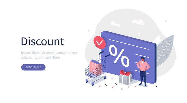 Character Standing near Shopping Discount Voucher. Reward Gifts and Money. Cashback and Customer Loyalty Program Concept. Flat Isometric Vector Illustration. Flat Isometric Vector illustration.