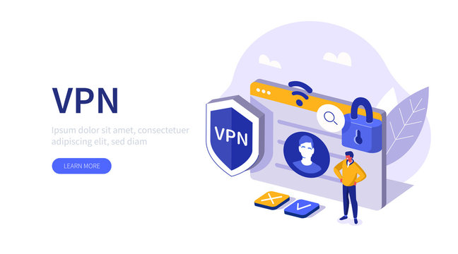 People Character Standing near Secure Web Page and Virtual Private Network sign. Man using VPN Service to Protect his Personal Data. Privacy Protection concept. Flat Isometric Vector Illustration.