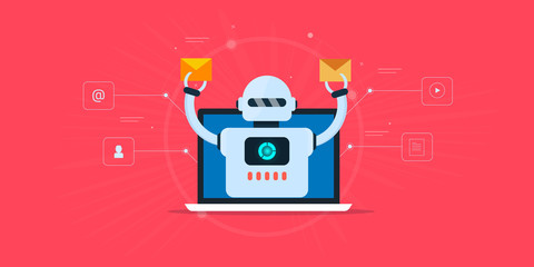 Marketing automation -email software - automated email marketing - robot - artificial intelligence concept. Flat design web banner. - obrazy, fototapety, plakaty