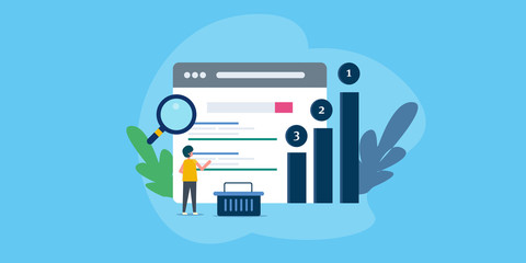 Search engine ranking, seo optimization for better search visibility, businessman analyzing website ranking. Flat design web banner. - obrazy, fototapety, plakaty
