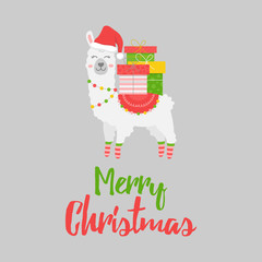 Christmas llama vector illustration, greeting card. Cute trendy festive seasonal xmas alpaca with writing Merry Christmas. Isolated graphic print cartoon character.