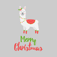 Christmas llama vector illustration, greeting card. Cute trendy festive seasonal xmas alpaca with writing Merry Christmas. Isolated graphic print cartoon character.