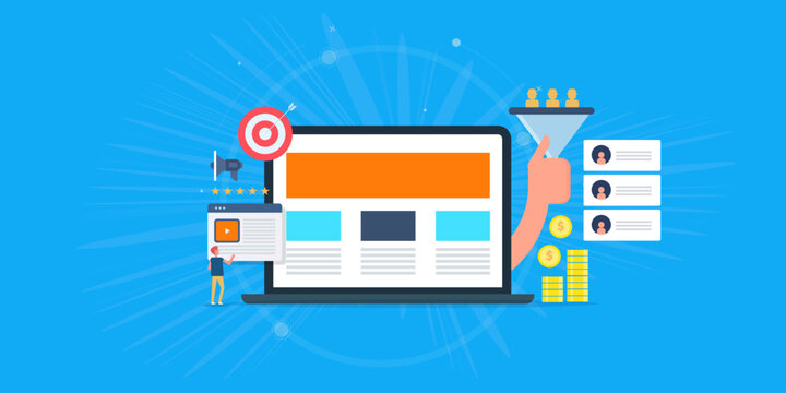 Lead generation, sales funnel, inbound marketing process to make more business revenue. Flat design web banner.