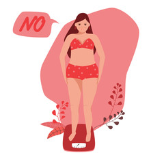 Obraz na płótnie Canvas Beautiful young woman in underwear is standing on the floor scales. She gained weight. Weight loss and diet concept. Vector cartoon character of a woman. The problem of excess weight, suffering.