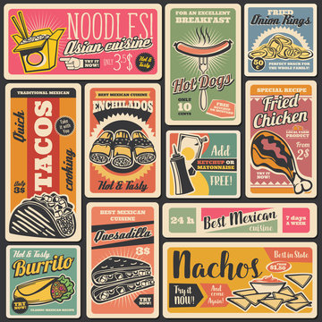 Fast food snacks, street food retro posters