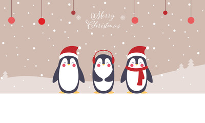 Merry Christmas - Geschenkkarte, Pinguin mit Mütze und Schal, Banner	