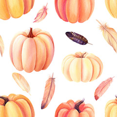 seamless pattern, pumpkins, feathers  on an isolated white background, watercolor painting, hand drawing wallpaper