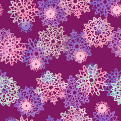 Snowflakes collection, pink-purple colors palette, cut out shape, hand painted watercolor illustration seamless pattern design on purple background