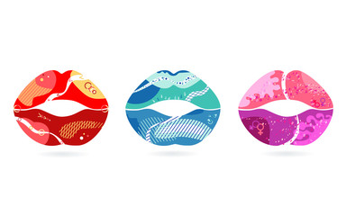 Set of abstract modern graphic Lips elements, icon. Dynamical colored kissing sexy girl lips. Valentines, mothers day logo.Template for the design of a flyer, presentation. Lips, kiss vector symbol.