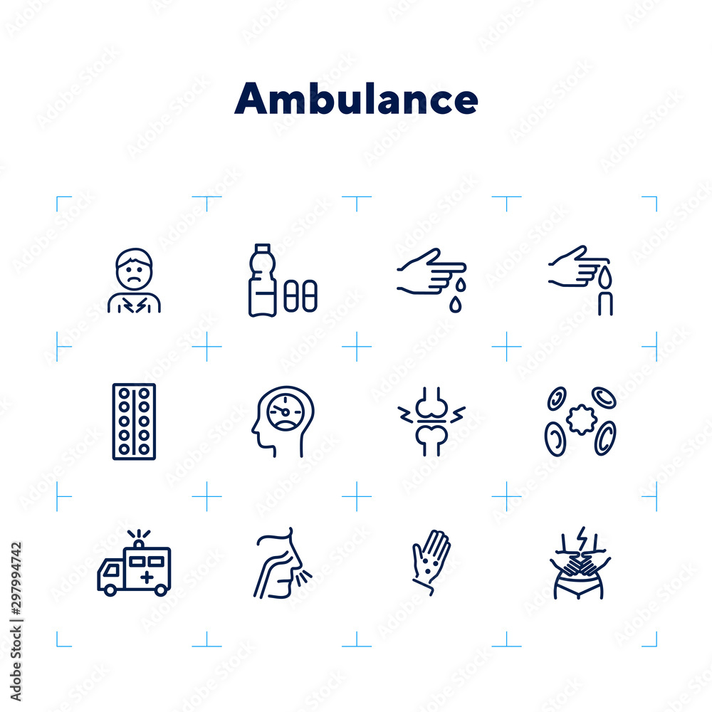 Sticker ambulance line icon set. set of line icons on white background. medicine concept. pain, virus, nasal