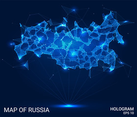 Hologram Of Russia. Map of Russia from polygons, triangles of points and lines. Map of Russia low poly compound structure. The technology concept.