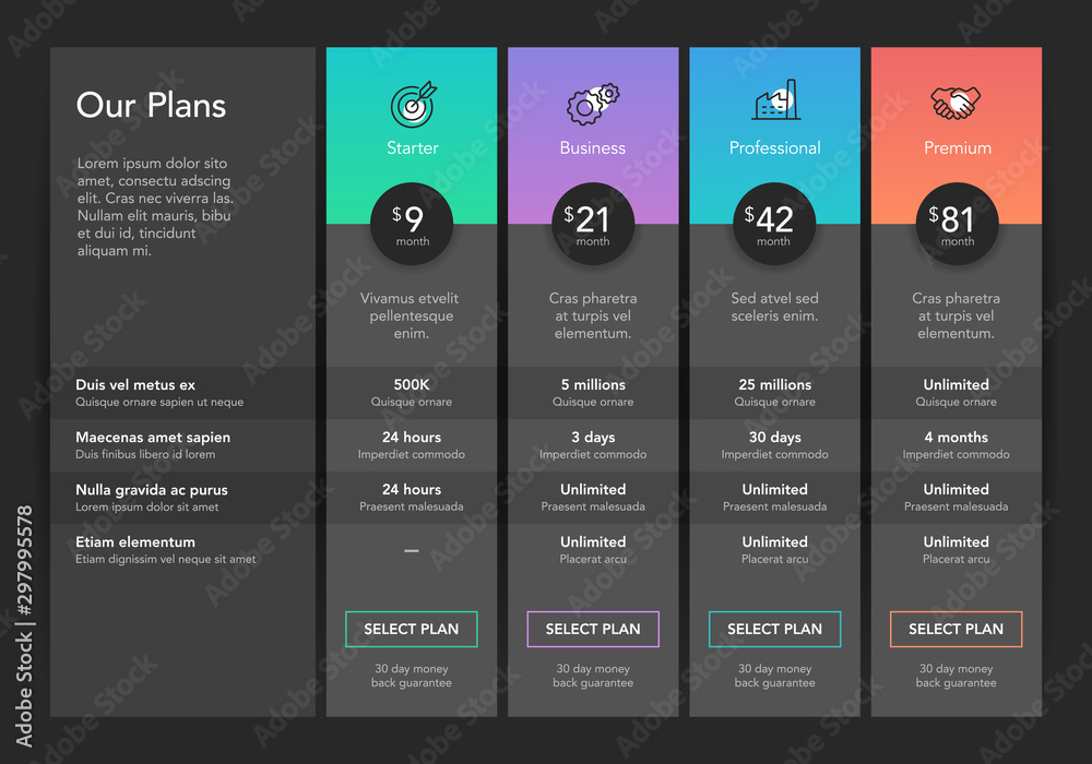 Leinwandbilder modern pricing comparison table with four subscription plans and place for description - dark versio