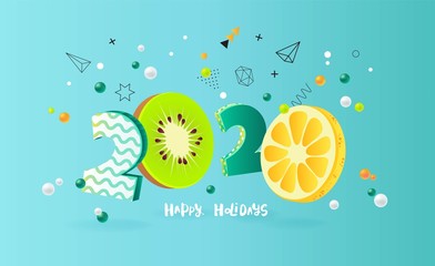 Happy new year 2020 holiday background with 3d numbers 2020 in juicy colors. Vector illustration