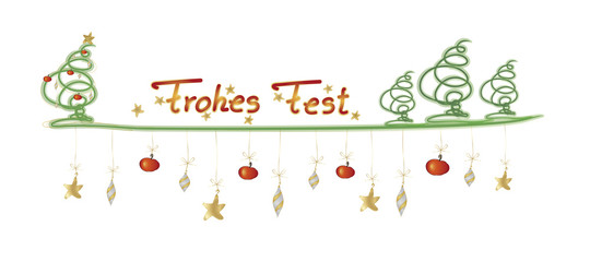 Lange Karte mit freihand gezeichnetem Weihnachtsbaum und Christbaumschmuck mit Text Frohes Fest auf weißem Hintergrund.