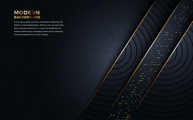 Abstract luxury black background overlap layer on dark space with golden lines combinations for use element cover, banner, brochure, and flyer. Texture with golden glitters dots element decoration