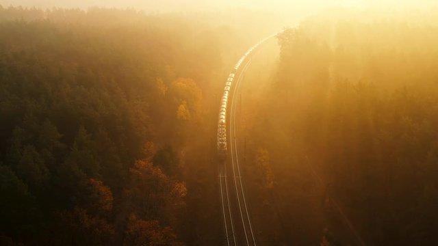 The train rides by rail, which runs through the autumn deciduous coniferous forest. The rays of the sun cut through the mist, creating a mystical atmosphere. The drone flies smoothly over the train. 4