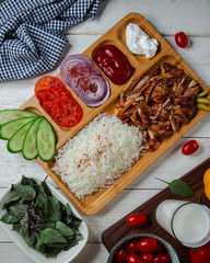 fried meat with rice top view
