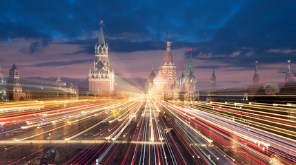 Fototapeta na wymiar Russia, Moscow. view on Moscow Kremlin at night. Abstract scene.